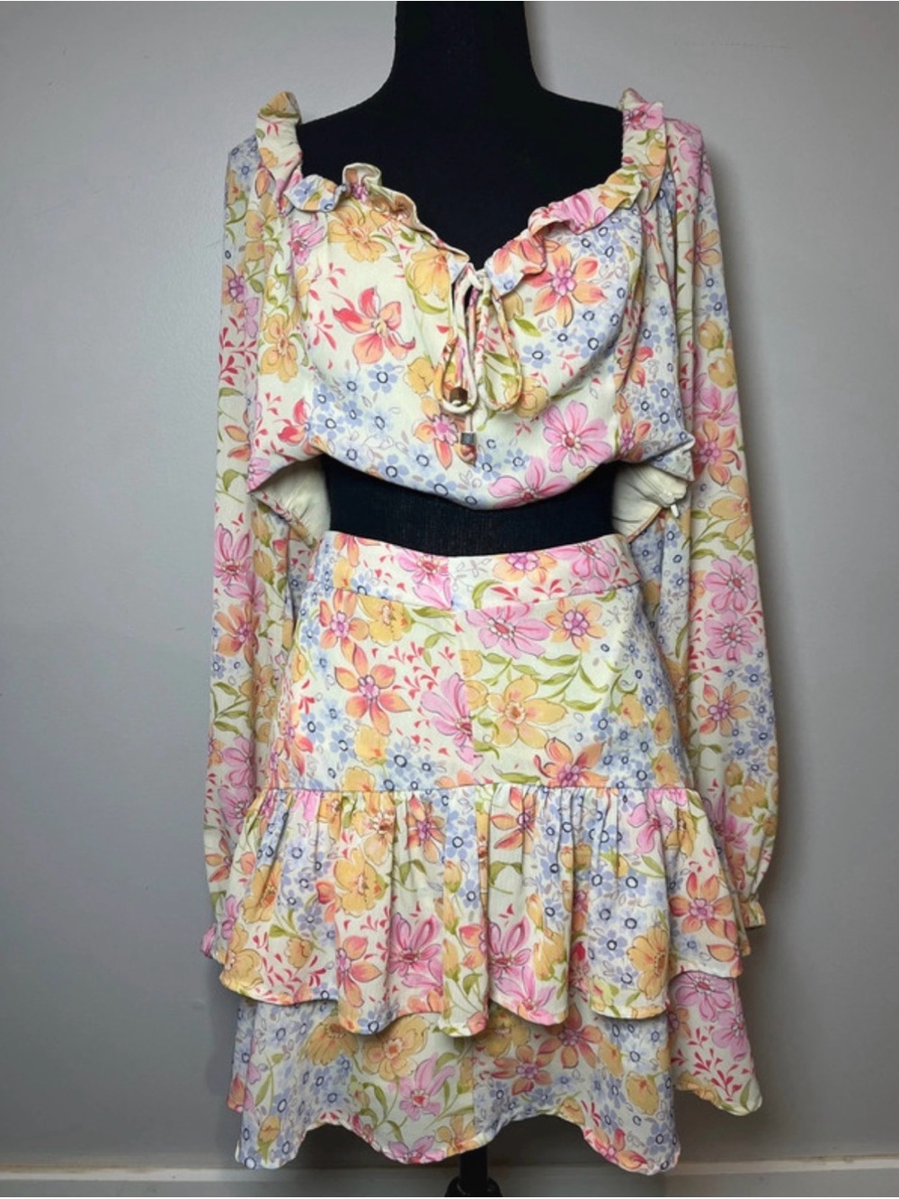 Showpo Pastel Floral Ruffle Tiered Skirt - Pink, Yellow, Cream